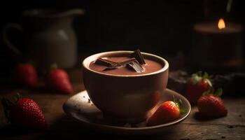 vers aardbei toetje Aan rustiek hout tafel met heet chocola gegenereerd door ai foto