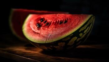 sappig watermeloen plak Aan donker hout tafel, gestreept patroon achtergrond gegenereerd door ai foto