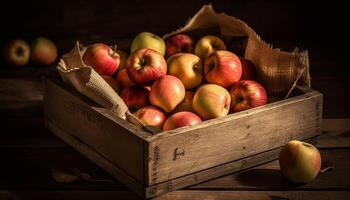 rustiek appel krat Aan houten tafel, vol van sappig versheid gegenereerd door ai foto