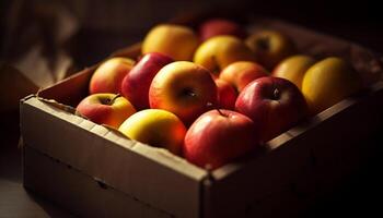 sappig biologisch appels in een krat, een vers herfst oogst gegenereerd door ai foto