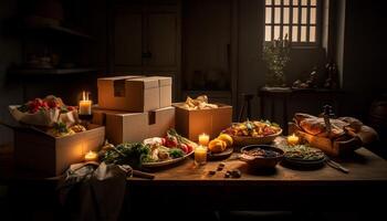 rustiek nog steeds leven van herfst decoratie Aan houten tafel verlichte gegenereerd door ai foto