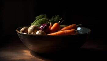 vers biologisch groente salade in rustiek houten kom Aan donker achtergrond gegenereerd door ai foto