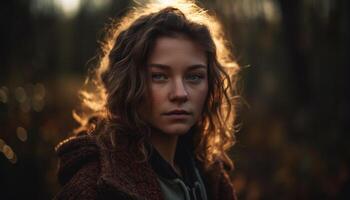 een jong vrouw, buitenshuis in herfst Woud, op zoek Bij camera gegenereerd door ai foto