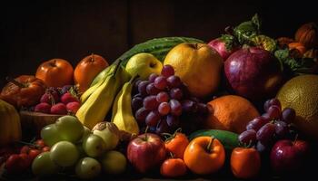 overvloed van vers, biologisch fruit in multi gekleurde nog steeds leven verzameling gegenereerd door ai foto