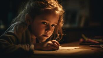 schattig Kaukasisch kleuter lachend, aan het studeren en tekening Bij huis tafel gegenereerd door ai foto