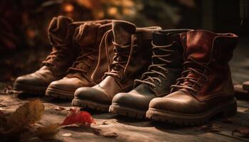 robuust leer laarzen, perfect voor herfst wandelen in de Woud gegenereerd door ai foto