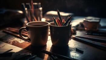 rustiek houten bureau, dichtbij omhoog van artiest creativiteit met koffie gegenereerd door ai foto