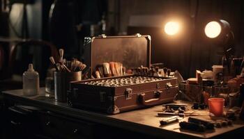 antiek werk gereedschap Aan houten tafel in donker werkplaats studio gegenereerd door ai foto