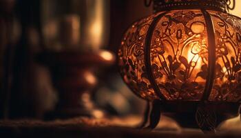 antiek lantaarn verlicht overladen Kerstmis decoratie Aan houten tafel gegenereerd door ai foto