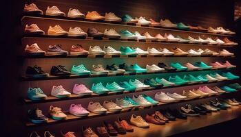 modern sport- schoen verzameling in multi gekleurde variatie voor kleinhandel op te slaan gegenereerd door ai foto