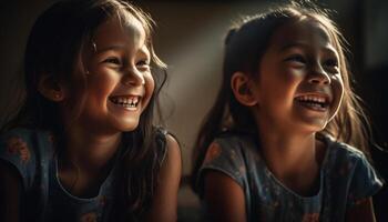 twee schattig Kaukasisch meisjes lachend, genieten van speels kinderjaren binnenshuis samen gegenereerd door ai foto