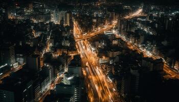 schemering panoramisch visie van bezig financieel wijk bovenstaand verlichte stad gegenereerd door ai foto