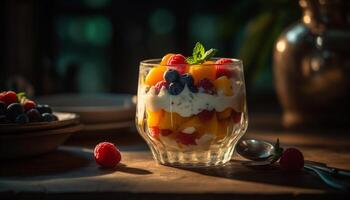 gezond BES parfait met yoghurt, muesli, en vers fruit toppings gegenereerd door ai foto