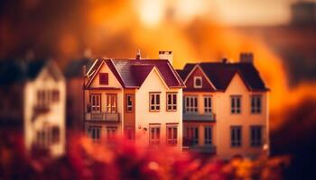 modern woon- gebouw met zonsondergang achtergrond, omringd door natuur en bomen gegenereerd door ai foto