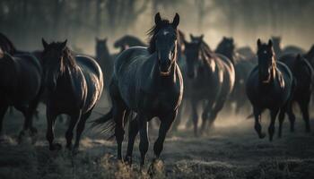 rennen kudde van paarden grazen in rustig weide Bij zonsondergang gegenereerd door ai foto