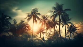 tropisch palm boom silhouet tegen multi gekleurde zonsondergang lucht achtergrond gegenereerd door ai foto