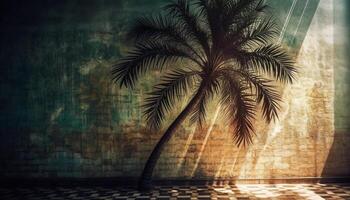 tropisch palm boom backdrop met zonsondergang, groen gebladerte en zonlicht gegenereerd door ai foto