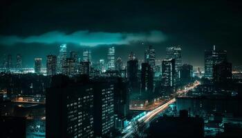 modern stad horizon verlichte door blauw schemering, reflecterend Aan water gegenereerd door ai foto