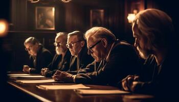 groep van mensen binnenshuis Bij tafel, glimlachen in saamhorigheid gegenereerd door ai foto