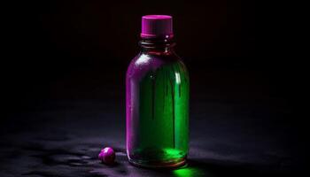 transparant glas fles met Purper vloeistof voor aromatherapie geneeskunde gegenereerd door ai foto