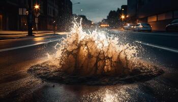 gloeiend auto spatten door nat stad straten Bij nacht gegenereerd door ai foto