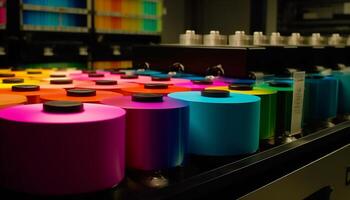multi gekleurde machinerie in een modern fabriek produceert variatie in productie lijn gegenereerd door ai foto