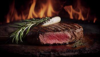 gegrild steak Aan hout bord met kruiden kruid gegenereerd door ai foto