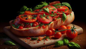 vers tomaat en kruid salade Aan ciabatta brood gegenereerd door ai foto
