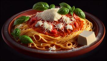 vers pasta met tomaat saus en Parmezaanse kaas kaas gegenereerd door ai foto