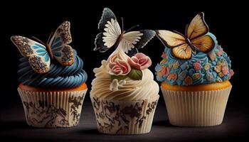 zoet viering toegeeflijk cupcakes met kleurrijk decoratie gegenereerd door ai foto