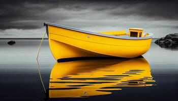 nautische vaartuig weerspiegelt rustig zonsondergang over- water gegenereerd door ai foto