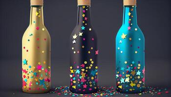 een feestelijk wijn fles reeks tegen helder confetti gegenereerd door ai foto