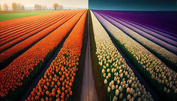 natuur schoonheid in landbouw weide multi gekleurde tulpen gegenereerd door ai foto