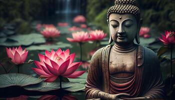 Boeddhisme standbeeld in bloemen tuin tafereel ,generatief ai foto