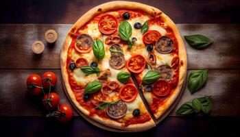 een dichtbij omhoog plak van eigengemaakt Italiaans pizza ,generatief ai foto