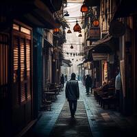 mannen wandelen in stad Bij nacht architectuur verlichte ,generatief ai foto