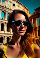 jong volwassen vrouw toerist in zonnebril buitenshuis glimlachen ,generatief ai foto