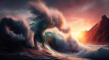 natuur geweldig zonsondergang over- majestueus oceaan golven ,generatief ai foto
