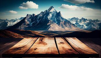 berg landschap hout plank tafel besneeuwd winter ,generatief ai foto