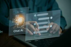 Chatbot gesprek ai kunstmatig intelligentie- technologie online klant service.digitaal chatbot, robot sollicitatie, openai genereren. futuristische technologie.virtueel assistent Aan internetten. foto