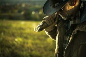 nadenkend cowboy boer profiel buitenshuis portret foto