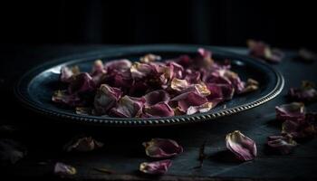 vers biologisch bloem arrangement Aan rustiek hout tafel voor aromatherapie generatief ai foto