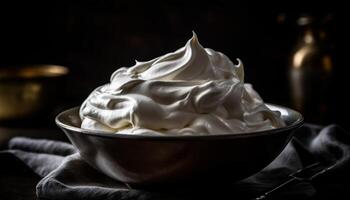 geslagen room mousse Aan rustiek houten tafel, klaar naar eten toegeeflijkheid generatief ai foto