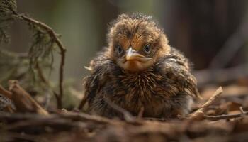 jong vogel uitkomen, pluizig en schattig, met kraal dier oog gegenereerd door ai foto