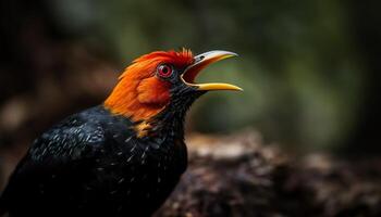 mannetje vogel neerstrijken Aan tak, dichtbij omhoog van kleurrijk veren gegenereerd door ai foto