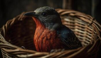 klein vogel neerstrijken Aan tak, veren en bek in focus gegenereerd door ai foto