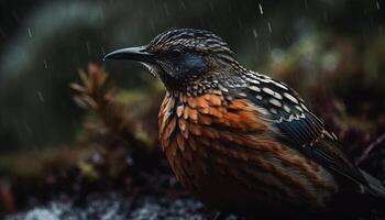 gevlekte spreeuw neerstrijken Aan nat tak, op zoek Bij camera gegenereerd door ai foto