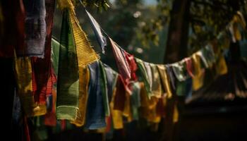 inheems culturen vieren geestelijkheid met multi gekleurde textiel decoraties buitenshuis gegenereerd door ai foto