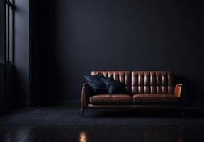 bruin sofa in leeg donker interieur. generatief ai foto