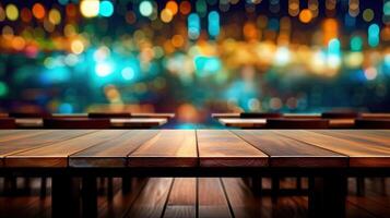 leeg donker houten tafel met abstract bokeh. generatief ai foto